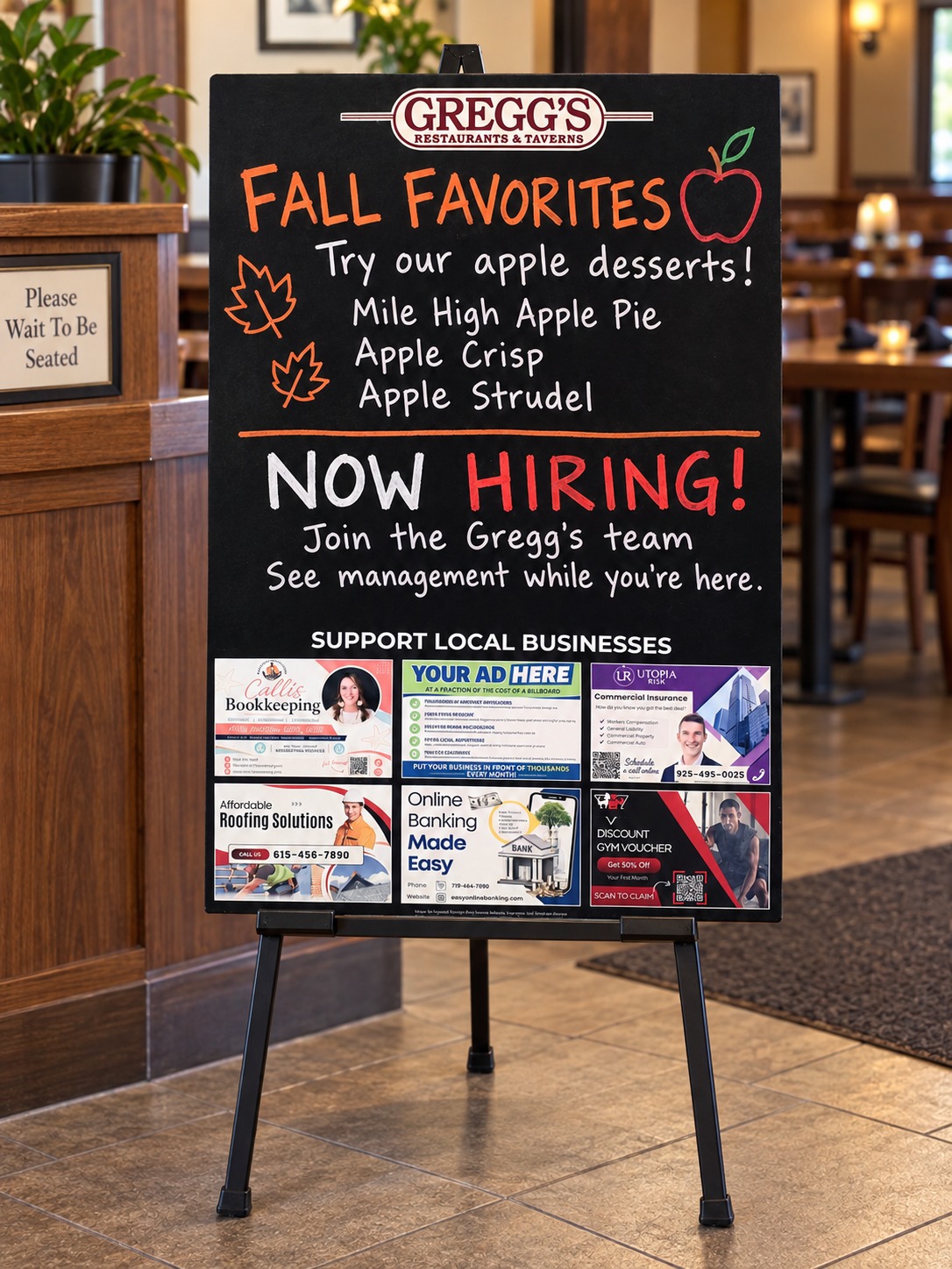 Illustrative Gregg’s restaurant board on an easel, with handwritten specials and six sample local business advertisements